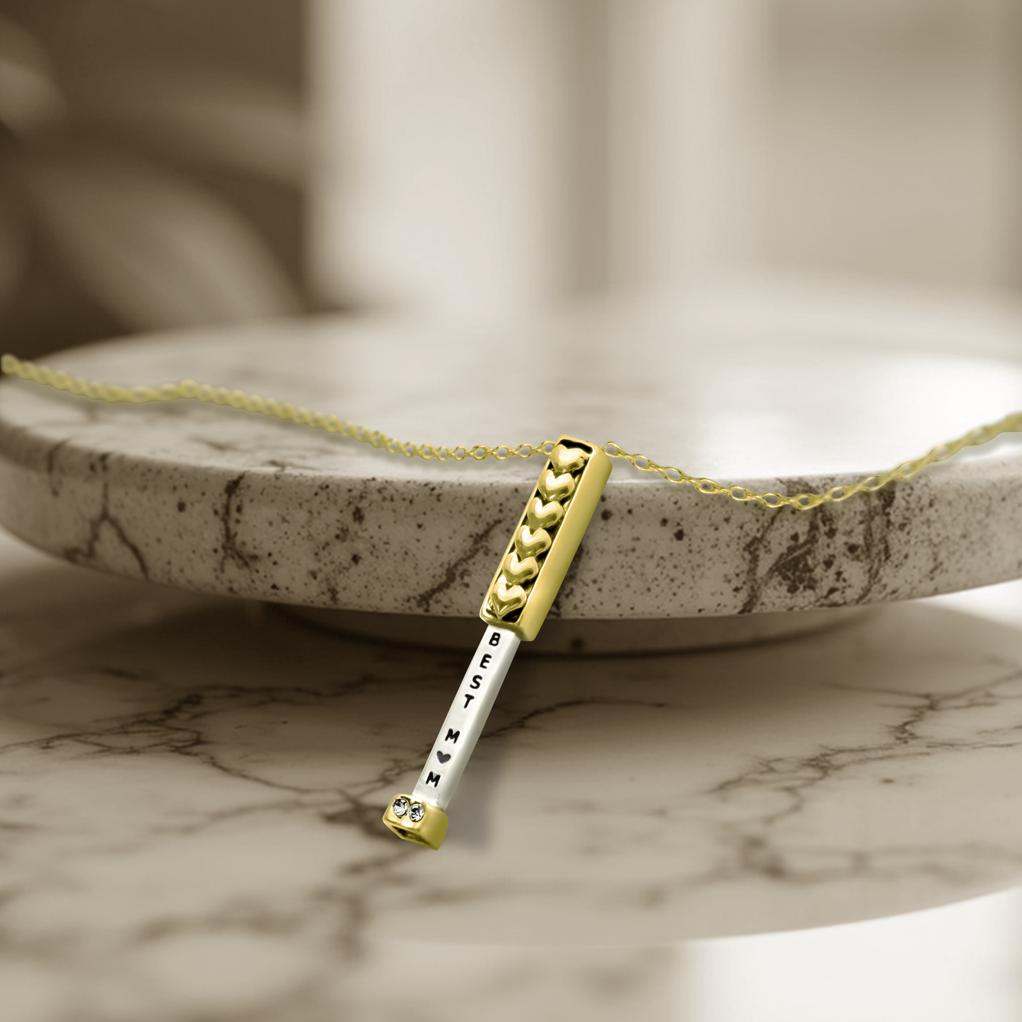 Margaret Best Mom Bond Bar & Hearts Pendant Necklace with Crystal – Handmade Gift of Love, Family & Strength, Gift or Mother, Silver