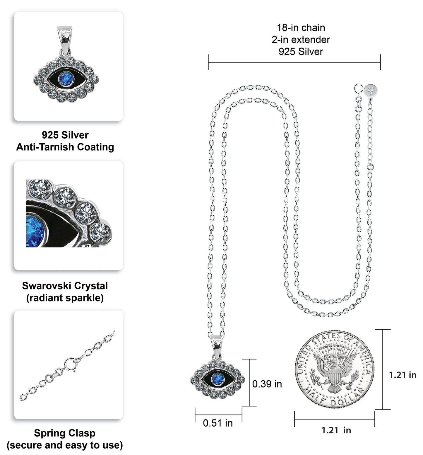Zariah Evil Eye Necklace for Women Pendant Jewelry, Swarovski Crystals, Sterling Silver Chain, Charm, Anti-Tarnish, Gift Ready Packaging, 100% Handmade, USA Company, Samadhi
