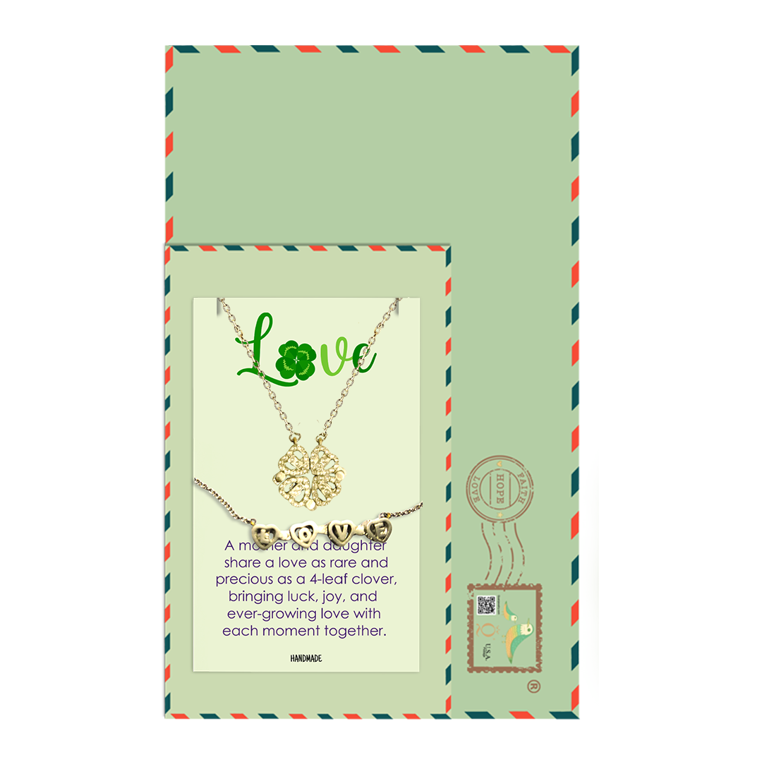 Gigi Love 4-Leaf Clover with Swarovski Pendant Necklace with Mother and Daughter Quotes on Thank You Card, Gifts for Girls, BFF, Women, Gold Plated