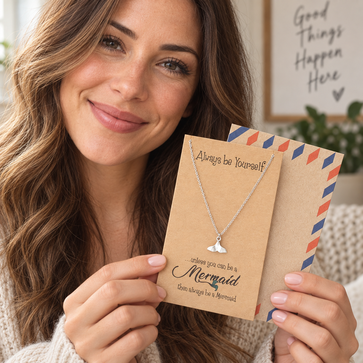 Beverly Tail of Mermaid Necklace for Women, Inspirational Quote Jewelry Greeting Cards