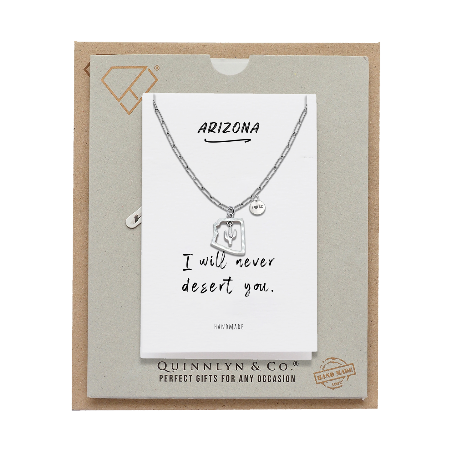Quinnlyn & Co. Cactus in Arizona State with Swarovzki Crystal Pendant Necklace with Inspirational Quote on Greeting Card