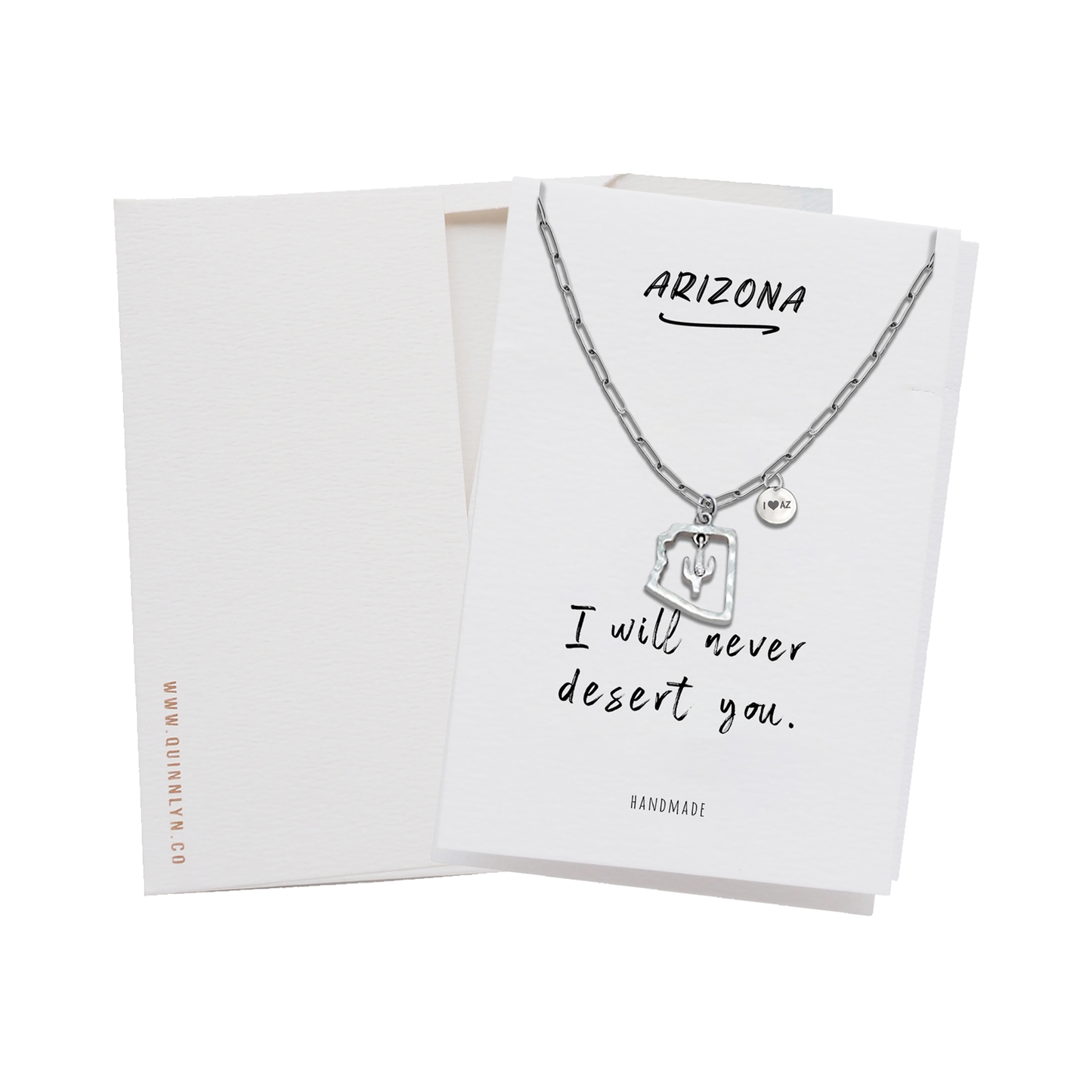 Quinnlyn & Co. Cactus in Arizona State with Swarovzki Crystal Pendant Necklace with Inspirational Quote on Greeting Card
