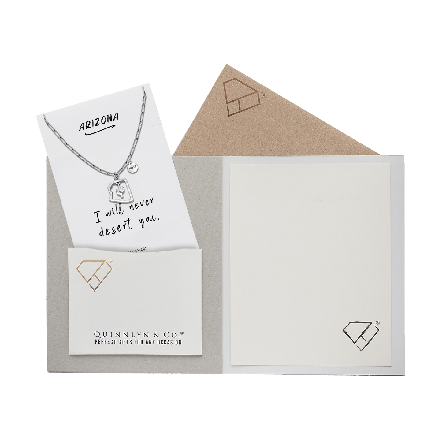 Quinnlyn & Co. Cactus in Arizona State with Swarovzki Crystal Pendant Necklace with Inspirational Quote on Greeting Card