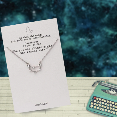 Quinnlyn & Co. Capricorn Zodiac Pattern Swarovzki Pendant Necklace, Birthday Gifts for Women, Teens and Girls with Inspirational Greeting Card