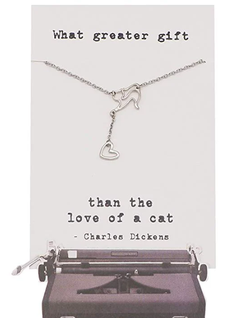 Quinnlyn & Co. Lorie Cat with Hanging Heart Pendant Necklace, Handmade Gifts for Women with Inspirational Quote on Greeting Card
