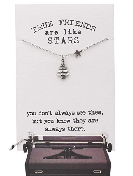 Quinnlyn & Co. Enid Christmas Tree and Star Pendant Necklace, Handmade Gifts for Women with Inspirational Quote on Greeting Card