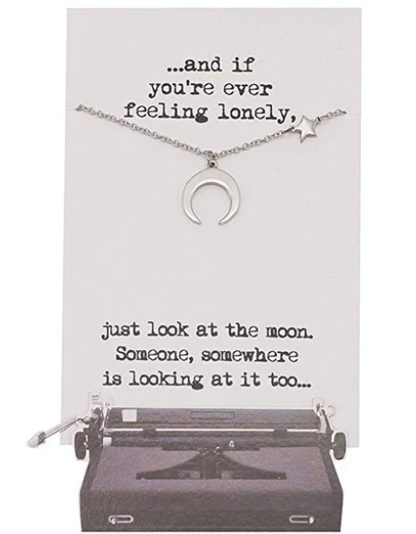 Quinnlyn & Co. Patricia Crescent Moon and Star Pendant Necklace, Handmade Gifts for Women with Inspirational Quote on Greeting Card