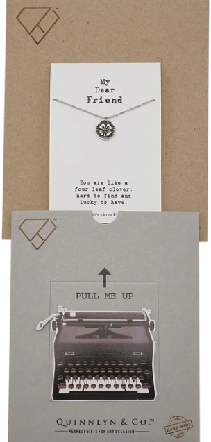 Quinnlyn & Co. Maeve Four Leaf Clover on Circle Pendant Necklace, Handmade Gifts for Women with Inspirational Quote on Greeting Card