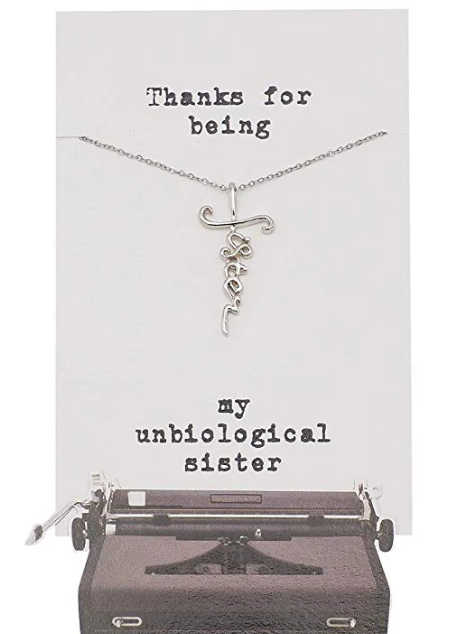 Quinnlyn & Co. Elizabeth Sister Cursive Cross Pendant Necklace, Handmade Gifts for Women with Inspirational Quote on Greeting Card