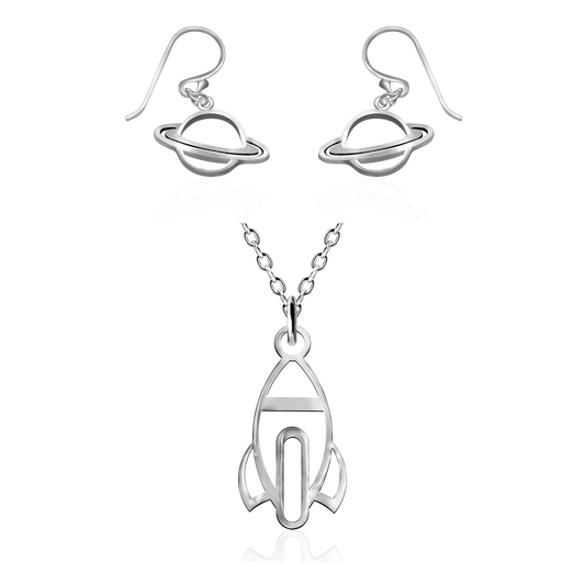 Annie Jump Cannon Rocketship and Saturn Set of 2 Pendant Necklace with Handmade Inspirational Greeting Card
