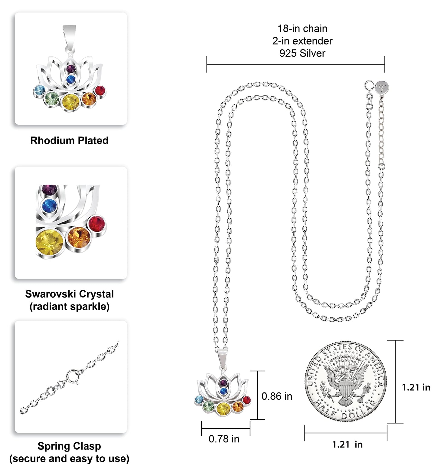 Liora Lotus Flower Chakra Necklace with Crystal Stones for Energy, Blossom, New Beginnings, for Women, Silver Chain, Anti-Tarnish, Gift Ready Packaging, Handmade, USA Company, Samadhi