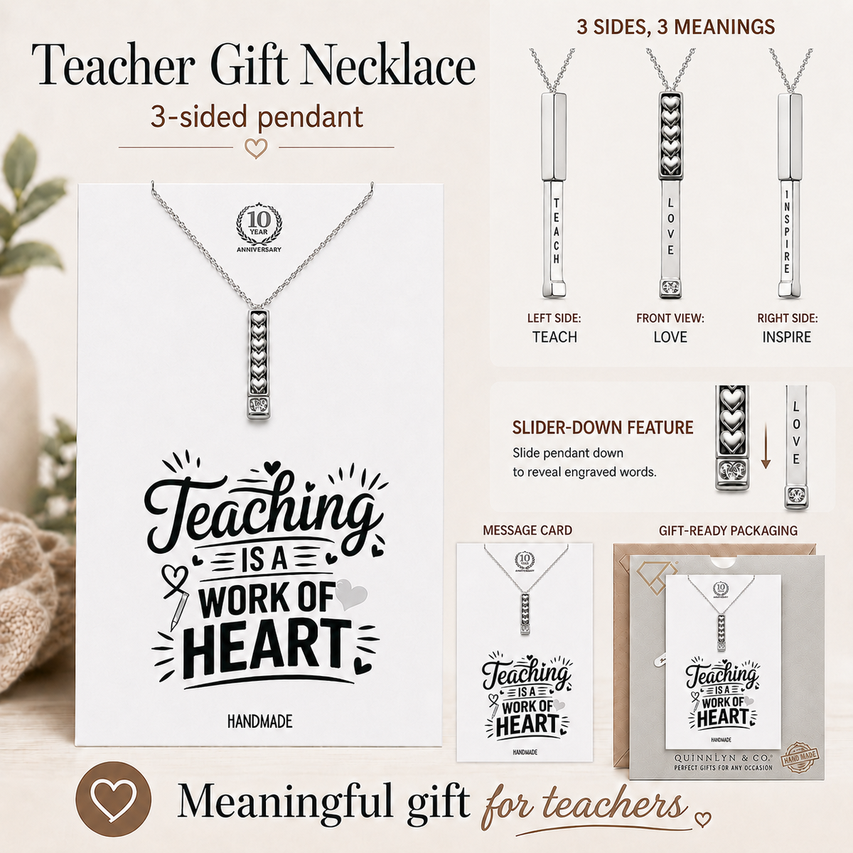 Liora Teach Love Inspire Bar Pendant Necklace with Crystal, Handmade Teacher Appreciation Gifts for Women with Inspirational Greeting Card, Silver-Tone