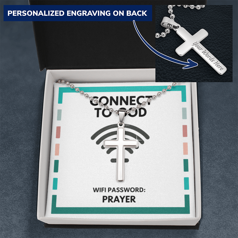 Close-up of polished cross with optional personalized back engraving