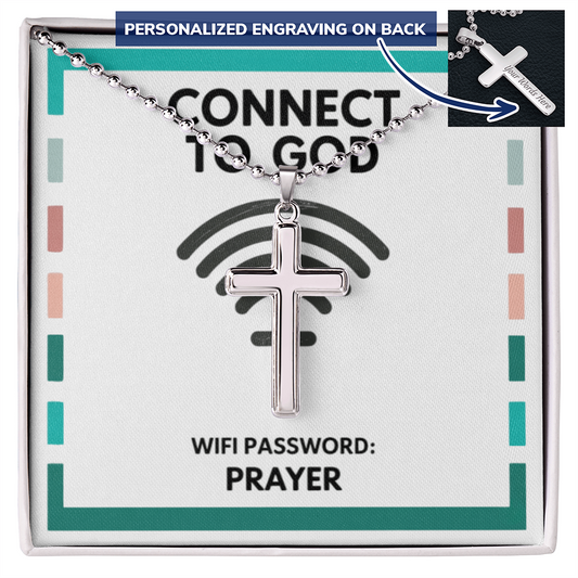 “Connect to God – WiFi Password: PRAYER” personalized cross necklace