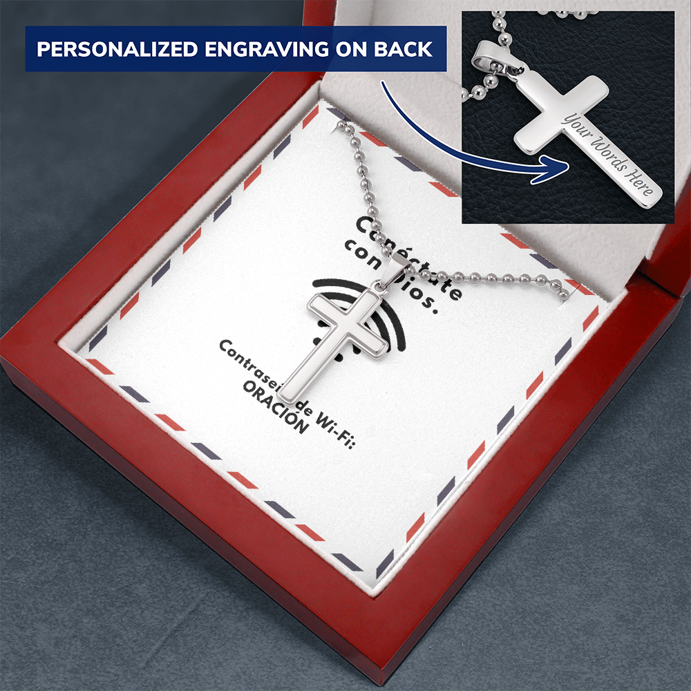 Conéctate con Dios – “WiFi Password: PRAYER” Personalized Cross Necklace | Faith & Prayer Gift