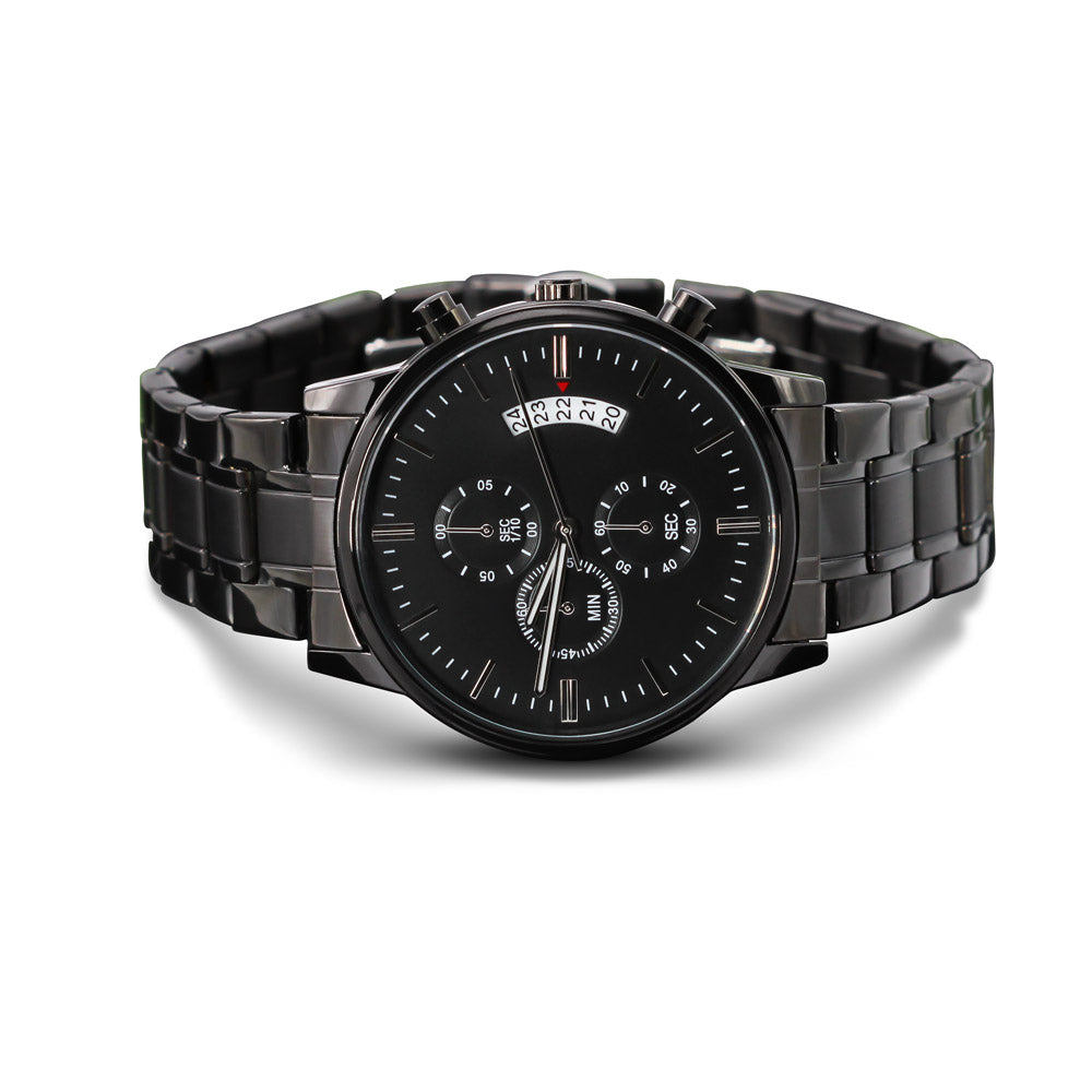 Christian Black Chronograph Watch – “You Are Never Alone” | Personalized Engraved Men's Faith Gift