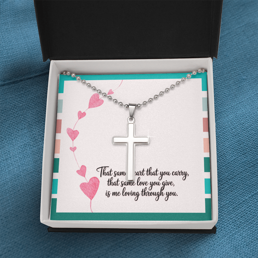 Close-up of artisan-style cross design on durable ball chain