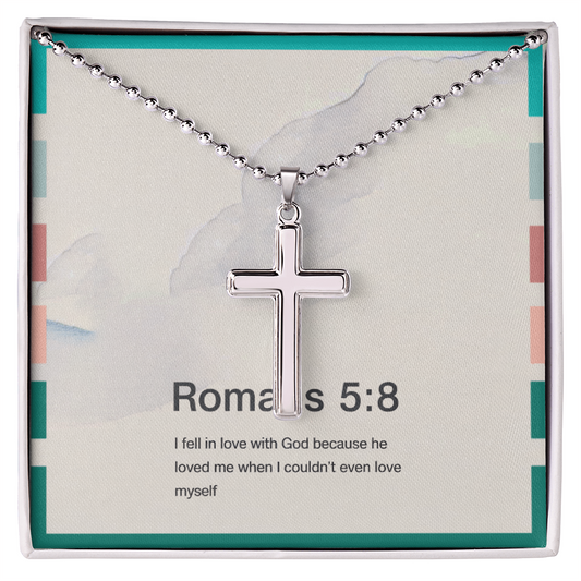 “Romans 5:8 He loved me when I couldn’t love myself” cross necklace