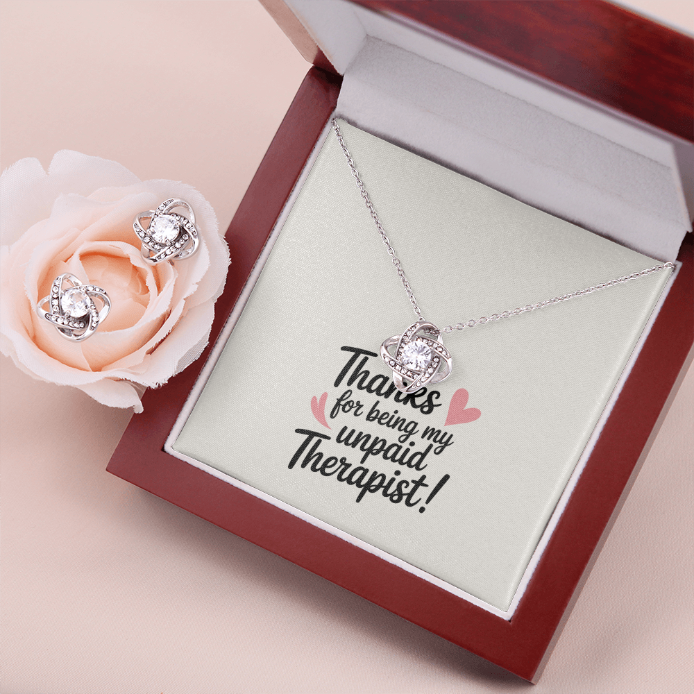 "Thanks for Being My Unpaid Therapist" Love Knot Earring & Necklace Set – A Gift of Appreciation and Connection