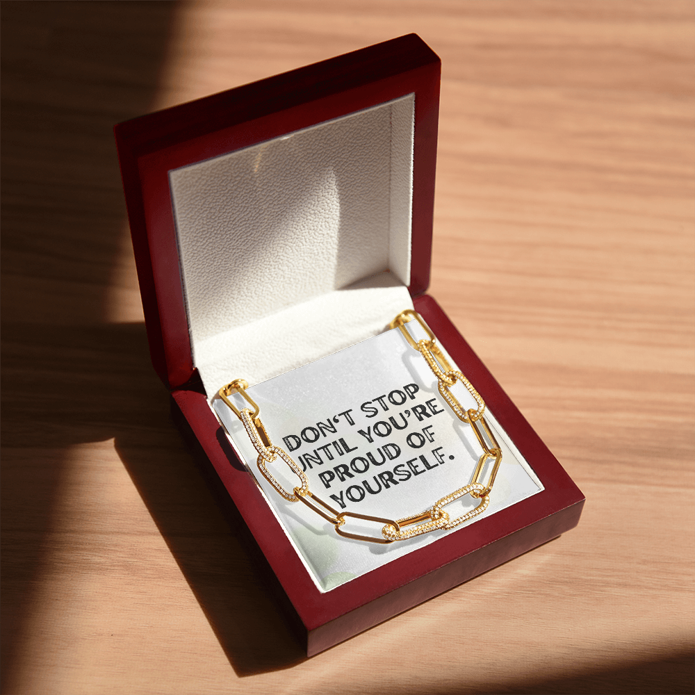 “Don't Stop Until You're Proud” CZ Paperclip Chain Necklace – Motivation in Every Shine