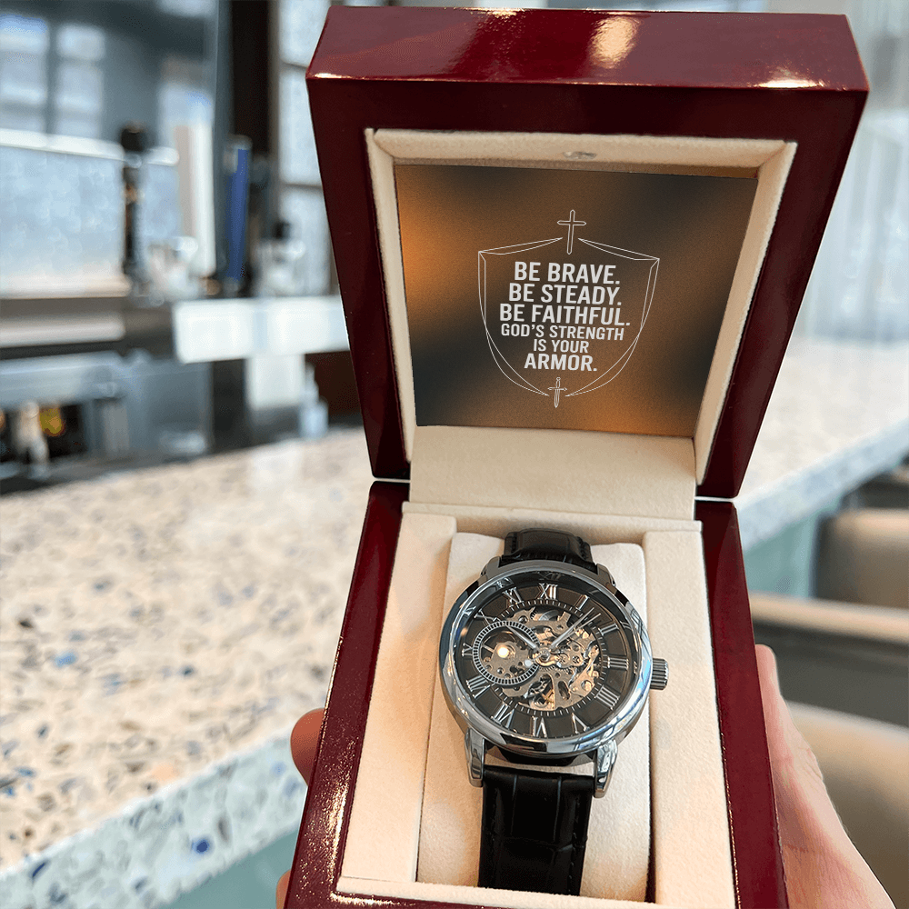 Christian Openwork Skeleton Watch – “God's Strength Is Your Armor” | Faith Gift for Men, Husband, Dad, Son & Pastor