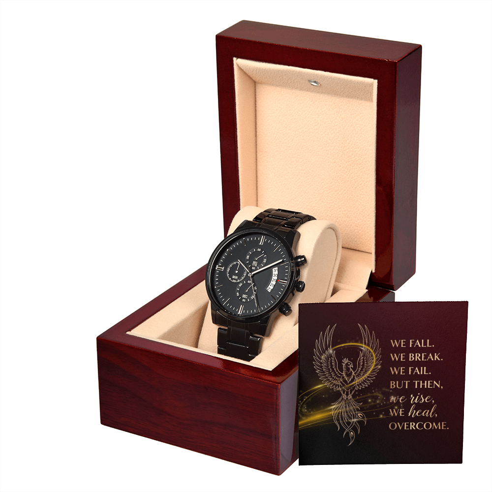 Black stainless steel men’s watch with triple dial face