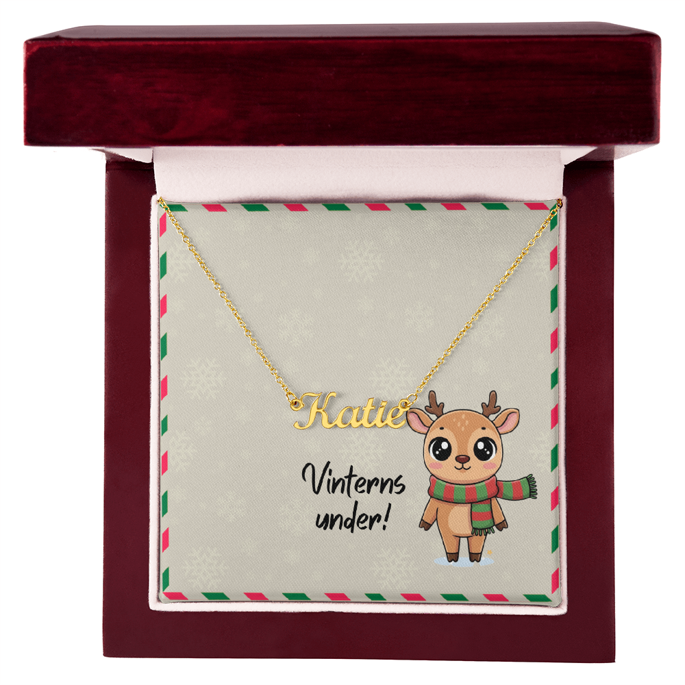 Model wearing Swedish winter-inspired name necklace