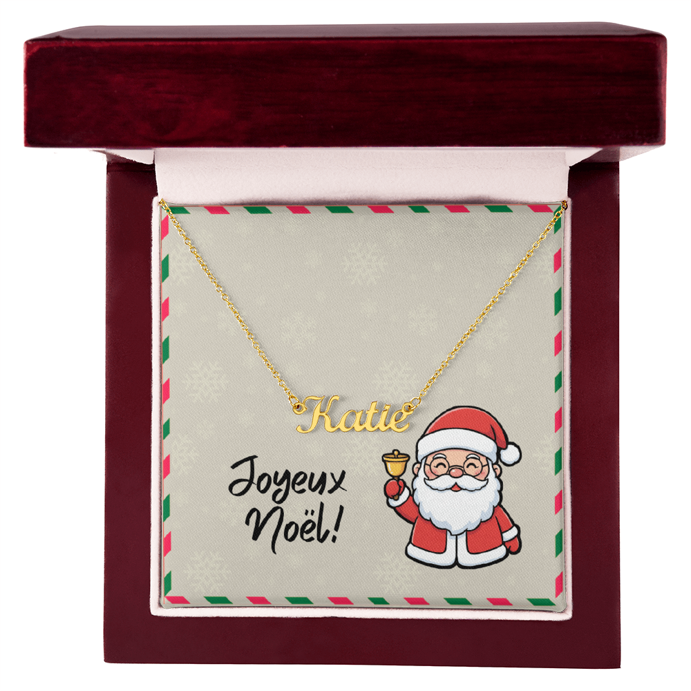 Side view of personalized cursive name necklace on cable chain