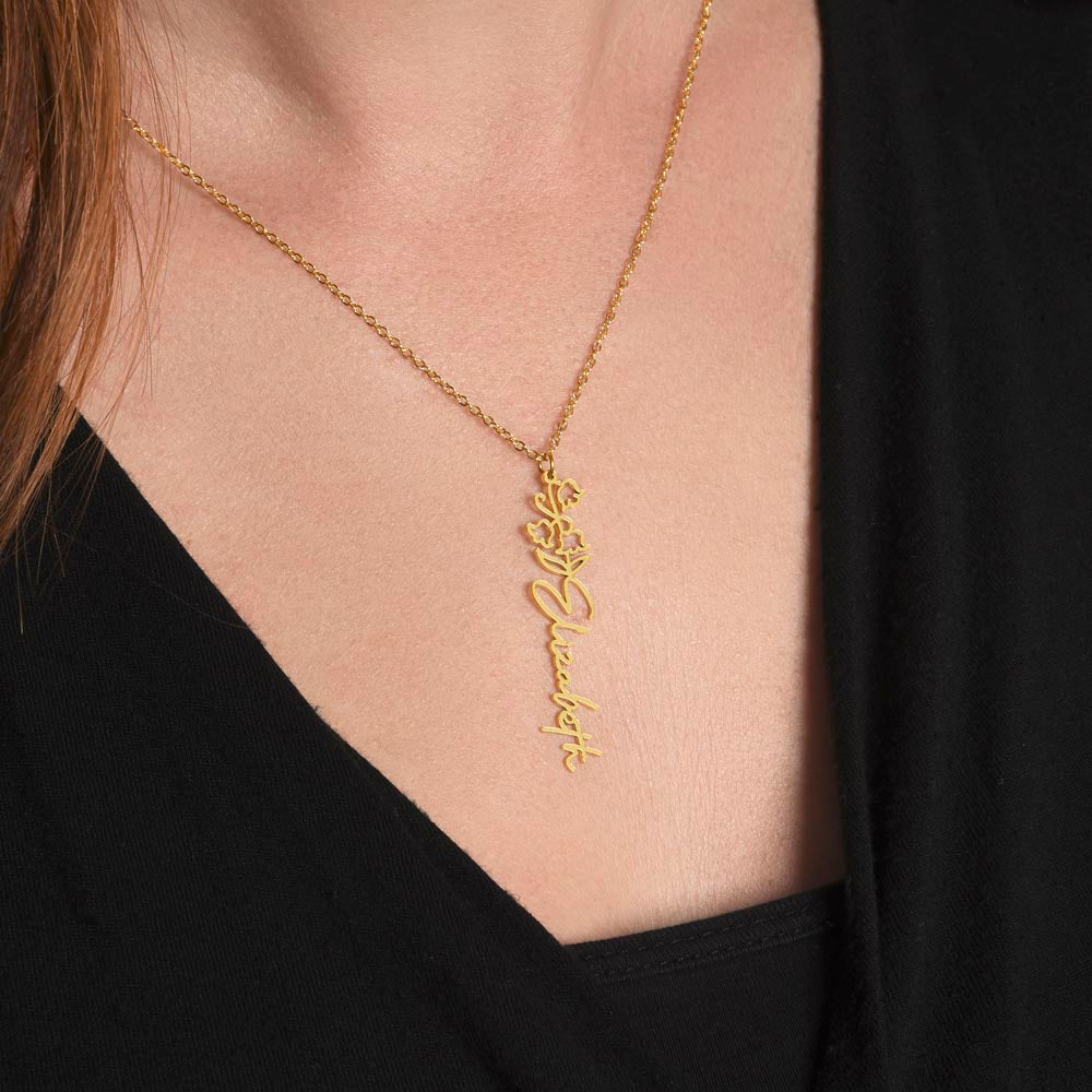 18K gold personalized name necklace with flower illustration