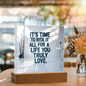 Close-up of printed quote on clear acrylic showing sharp, detailed design.