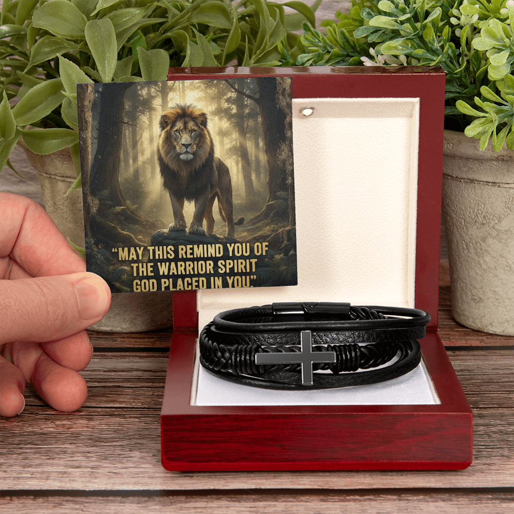Men's Christian Cross Bracelet – “Warrior Spirit God Placed in You” Message Card | Leather & Stainless Steel Faith Bracelet
