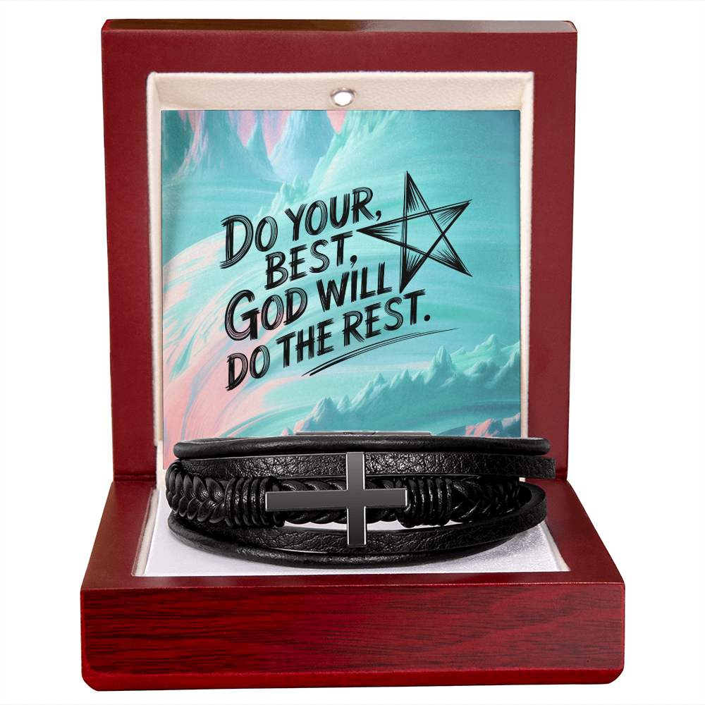 Christian bracelet with braided black vegan leather and silver cross