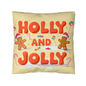 Holly and Jolly Christmas pillow with gingerbread men and candy canes on festive background