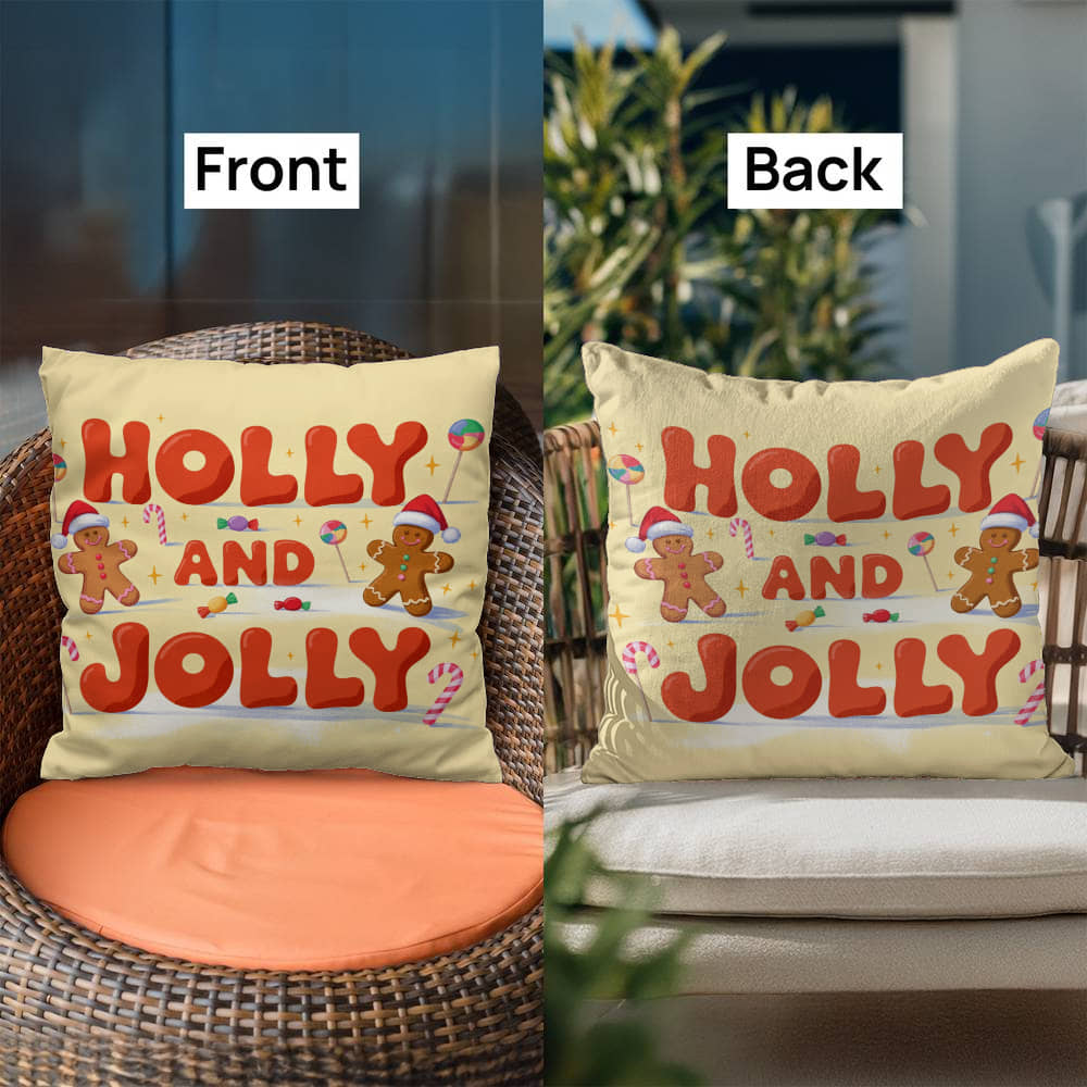Holly and Jolly Christmas Pillow | Cute Gingerbread Man Holiday Throw Pillow