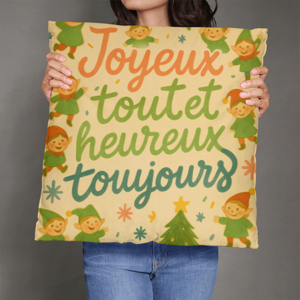 Merry Everything and Happy Always French Pillow – “Joyeux tout et heureux toujours” – Cute Christmas Elf Throw Pillow, Holiday Home Décor, Cozy Seasonal Accent Cushion