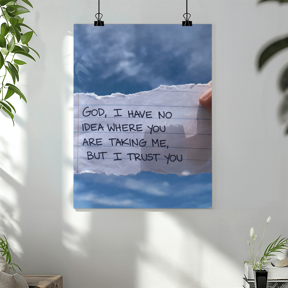 Handwritten Christian quote wall art with sky background
