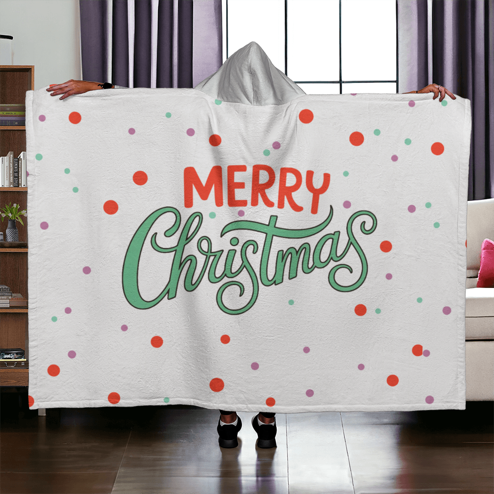 Merry Christmas Hooded Sherpa Fleece Blanket | Cozy Holiday Throw | Christmas Polka Dot Blanket