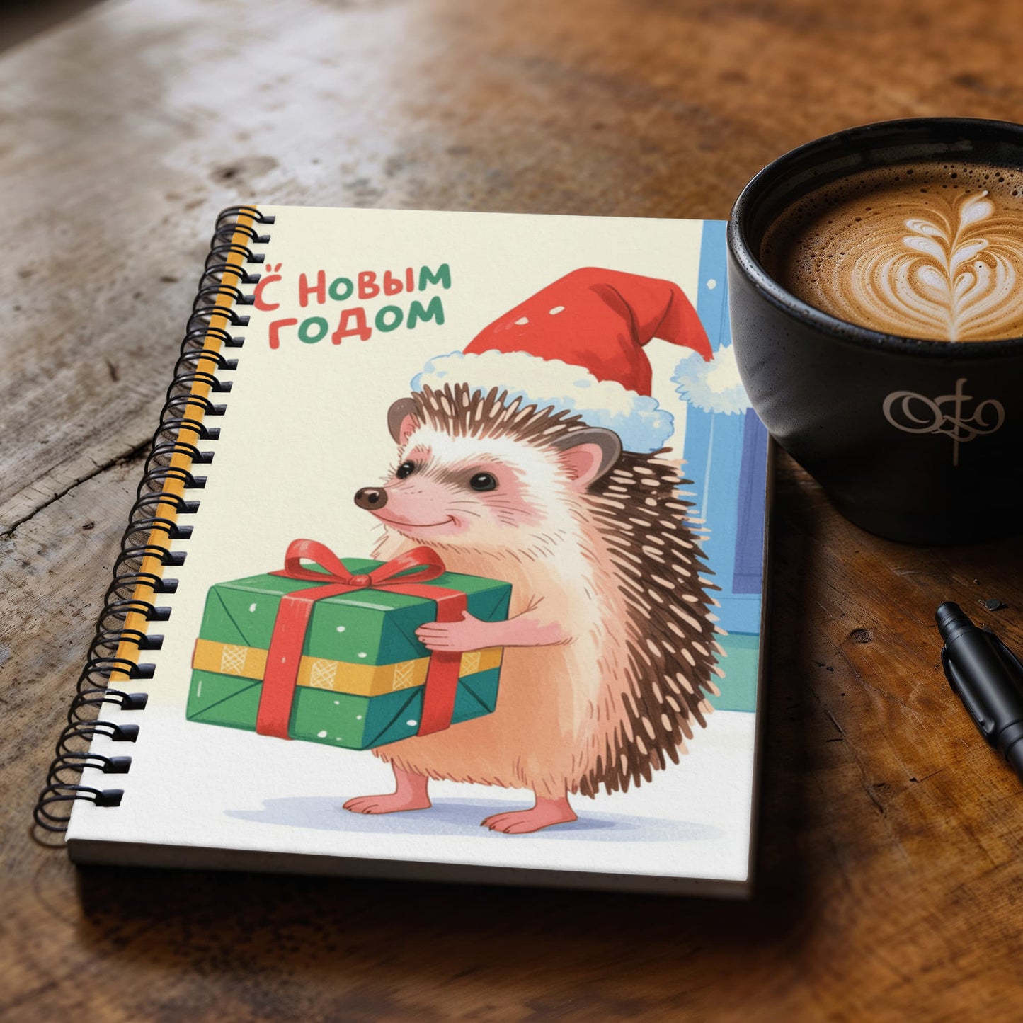 Kawaii hedgehog wearing Santa hat on Christmas notebook