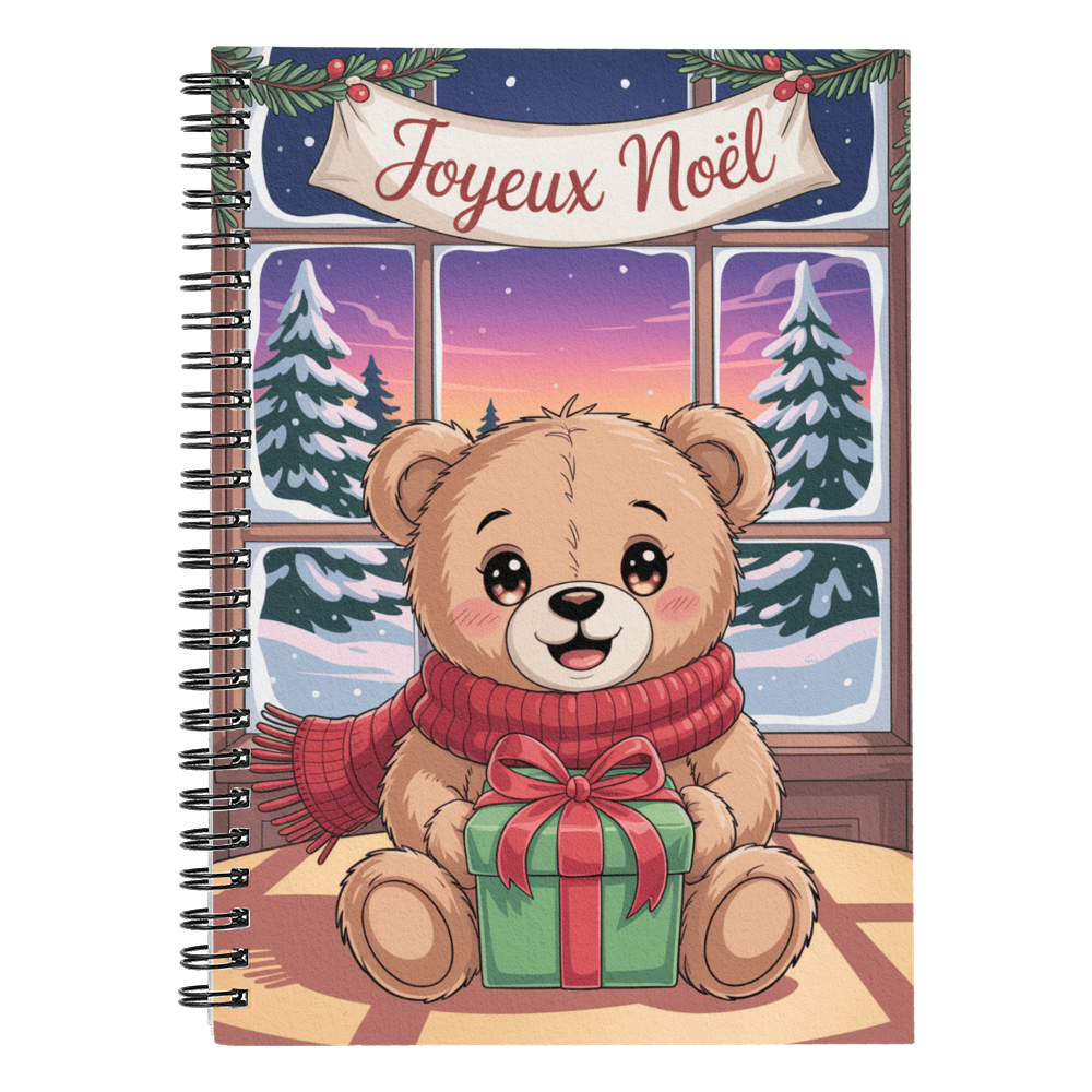 Joyeux Noël Teddy Bear Spiral Notebook – Cute Christmas Anime Gift Journal | Custom Christmas Gift in French