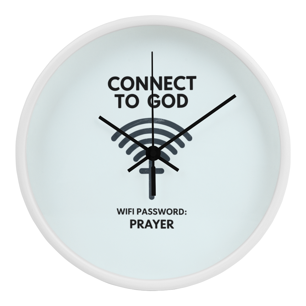 Close-up of wooden frame clock featuring Christian quote design