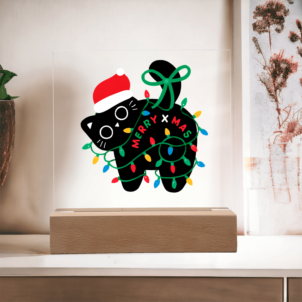 Playful Black Cat Merry X-mass Engraved Acrylic Circle Plaque
