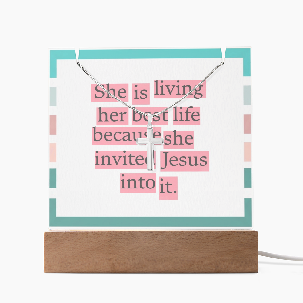 She Is Living Her Best Life – Inspirational Jesus Quote Square Acrylic Keepsake with Cross Necklace
