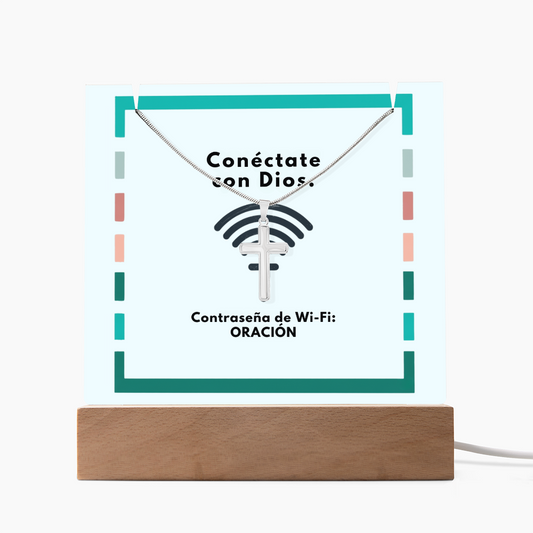 Conéctate con Dios – “WiFi Password: PRAYER” Faith Keepsake Acrylic & Cross Necklace Set