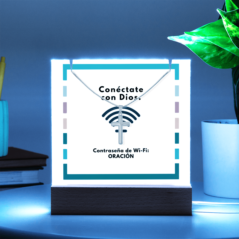Conéctate con Dios – “WiFi Password: PRAYER” Faith Keepsake Acrylic & Cross Necklace Set