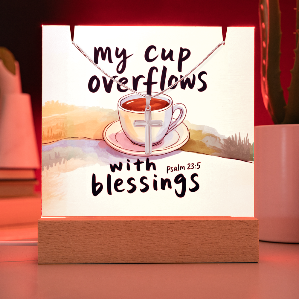 “My Cup Overflows with Blessings” – Cross Necklace & Keepsake Square Acrylic Gift Set