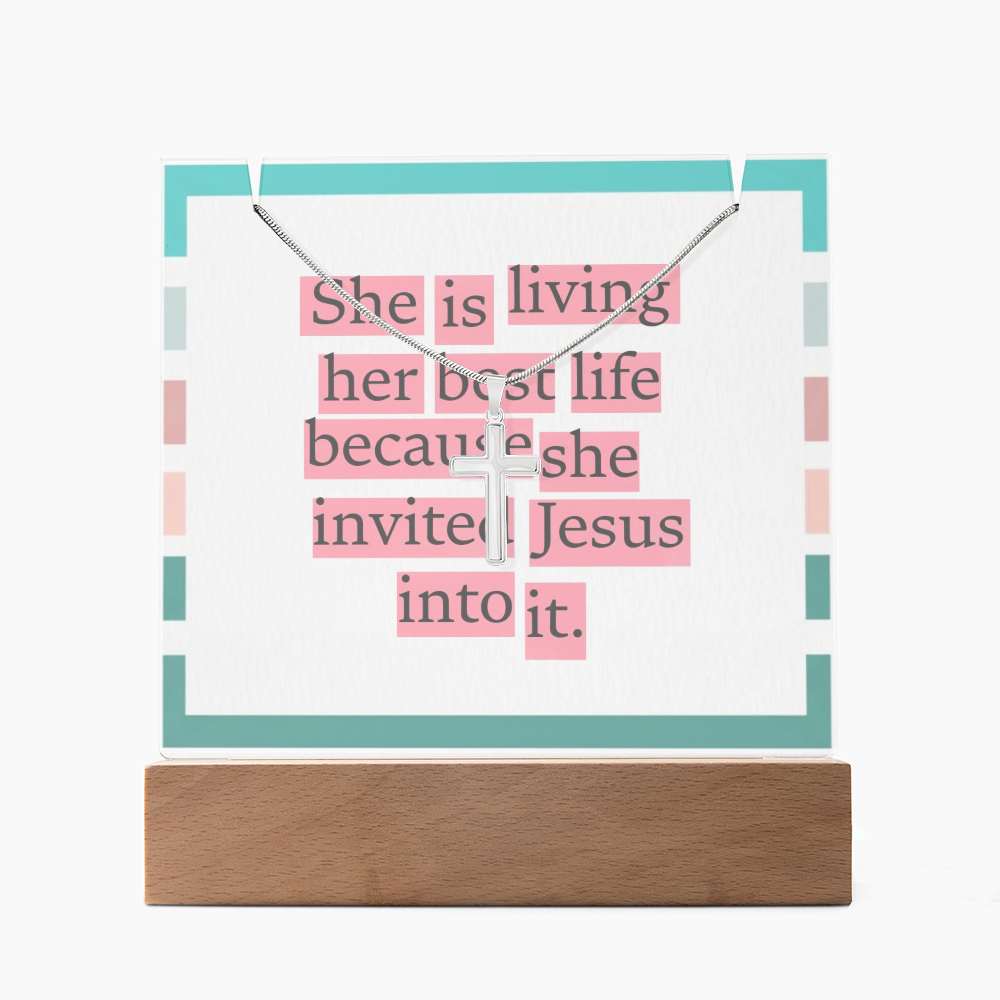 She Is Living Her Best Life – Inspirational Jesus Quote Square Acrylic Keepsake with Cross Necklace