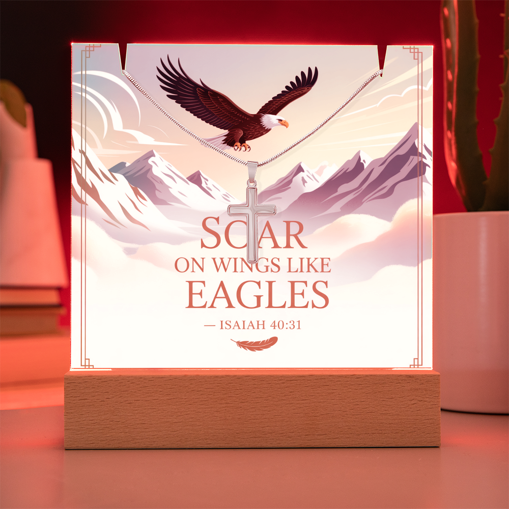Soar on Wings Like Eagles – Isaiah 40:31 Keepsake Acrylic with Cross Necklace | Christian Inspirational Gift for Him or Her