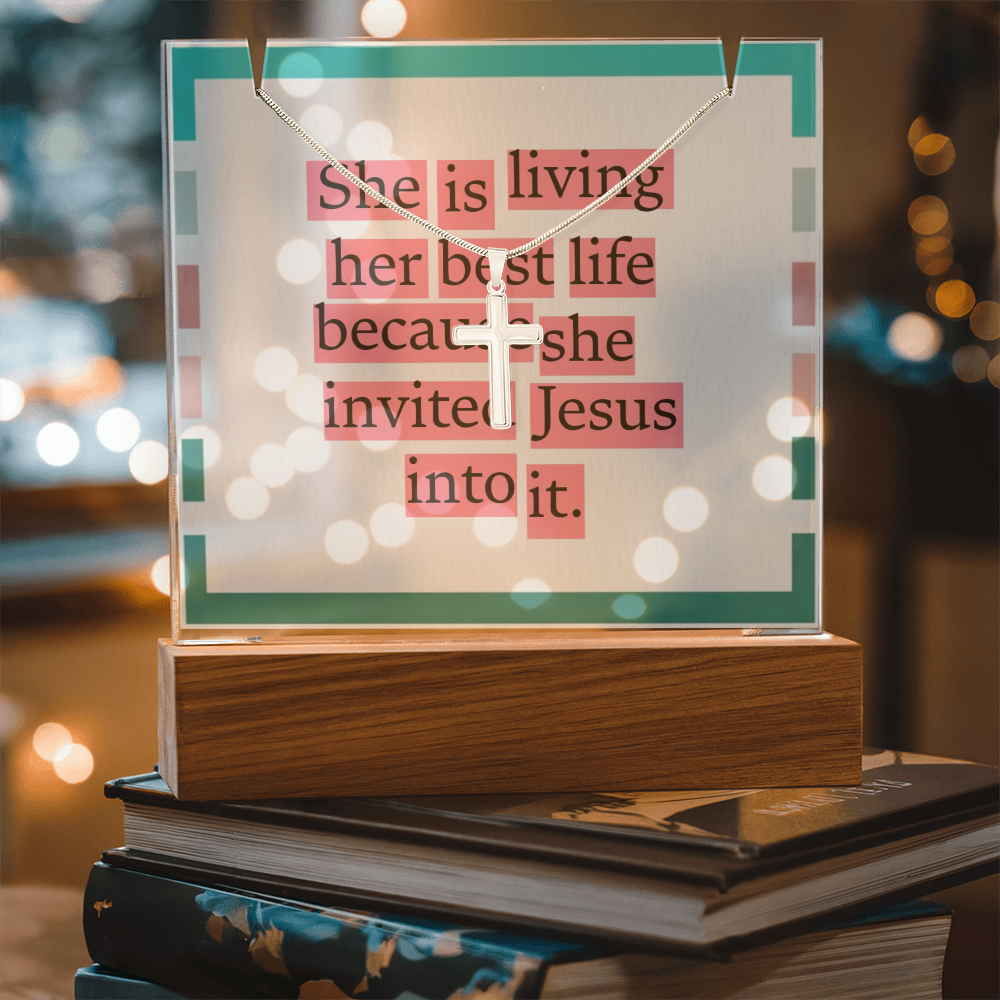 She Is Living Her Best Life – Inspirational Jesus Quote Square Acrylic Keepsake with Cross Necklace