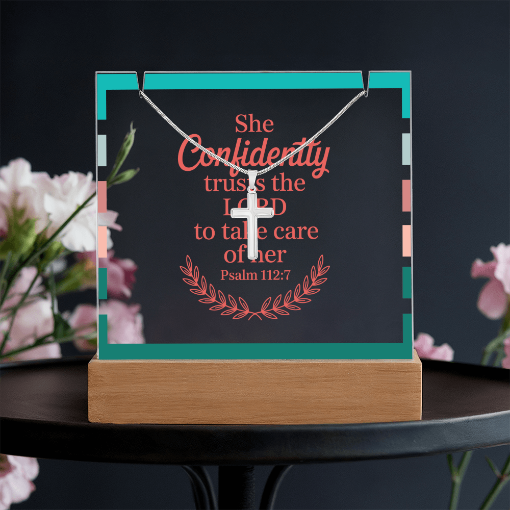 Keepsake LED plaque glowing softly on nightstand or desk creating peaceful atmosphere.