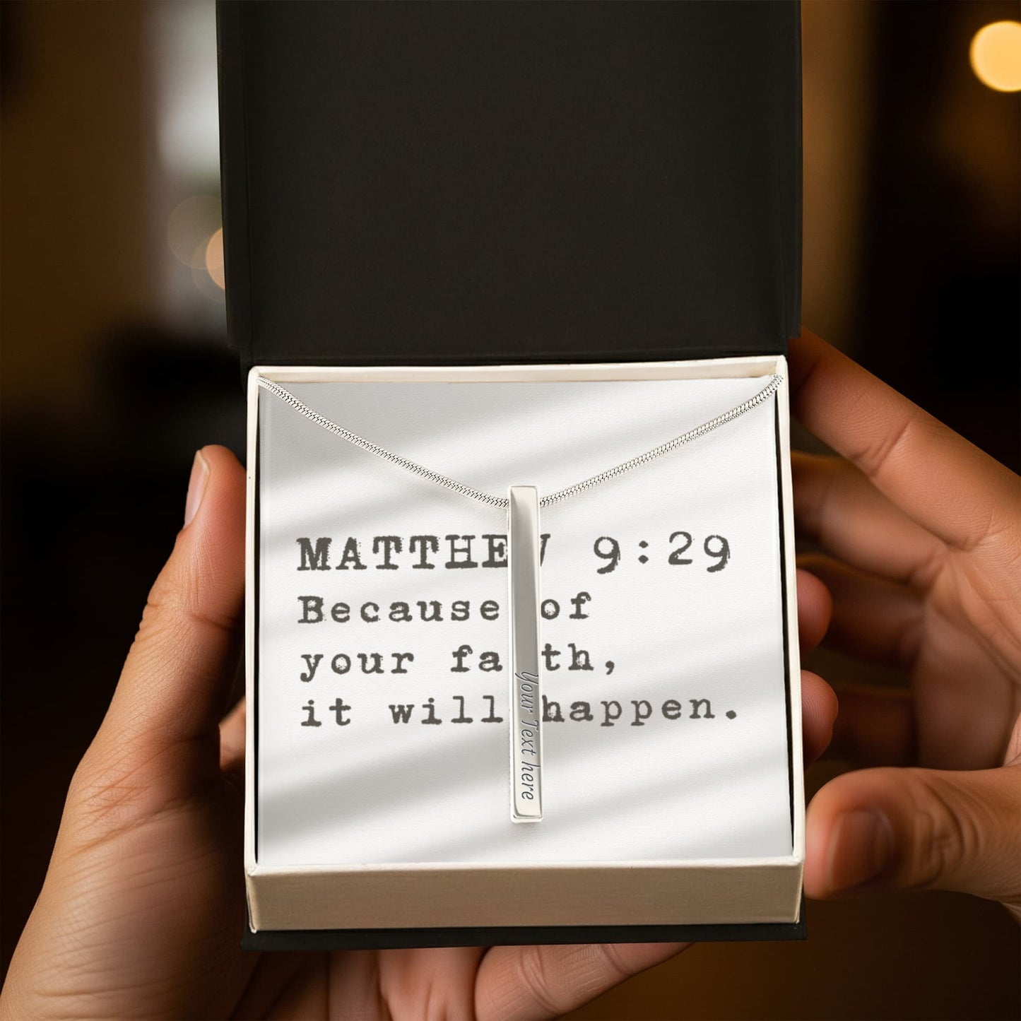 “Because of Your Faith” – Matthew 9:29 Engraved Stick Necklace